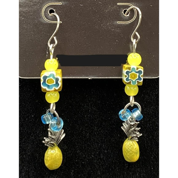 Pineapple with Aqua & Yellow Glass Bead Earrings by Neanie-Bot - Picture 1 of 2